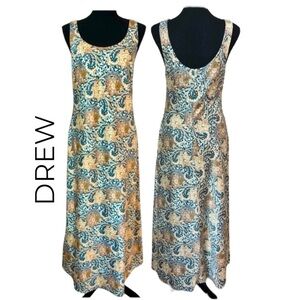DREW Anthropologie Satin Slip Boho Sleeveless Long Maxi Dress Paisley Floral EUC